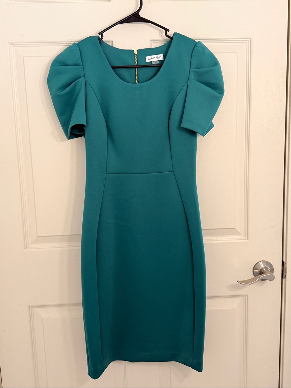 Calvin Klein Teal Puff-Sleeve Sheath Midi Dress